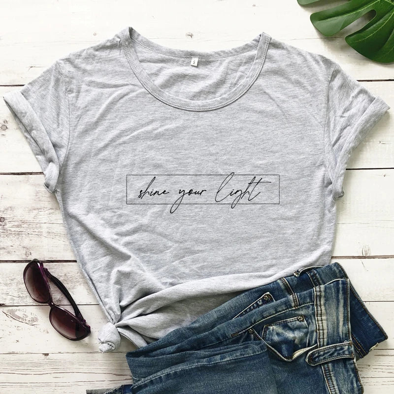 Shine Your Light 100% Cotton T-Shirt Casual Women Short Sleeve Christian Bible Top Tee Unisex Inspirational Positive Tshirt