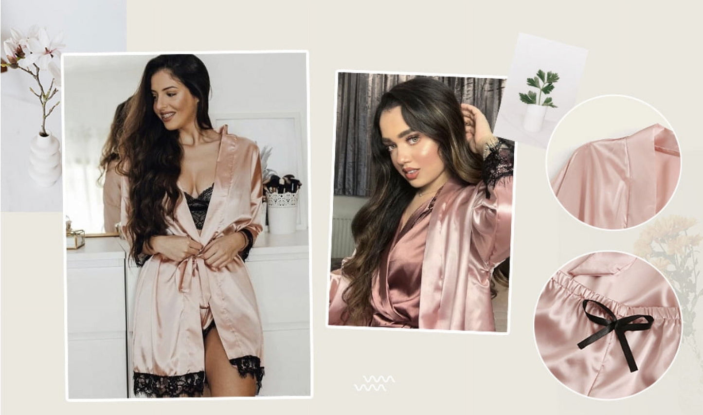 Sexy Lingerie, Silk Satin Pajamas for Women, Womens Summer Pajamas Pjs Sets of 4 Pcs with Floral Lace Top Shorts and Robe, Gift for Women, Black, L