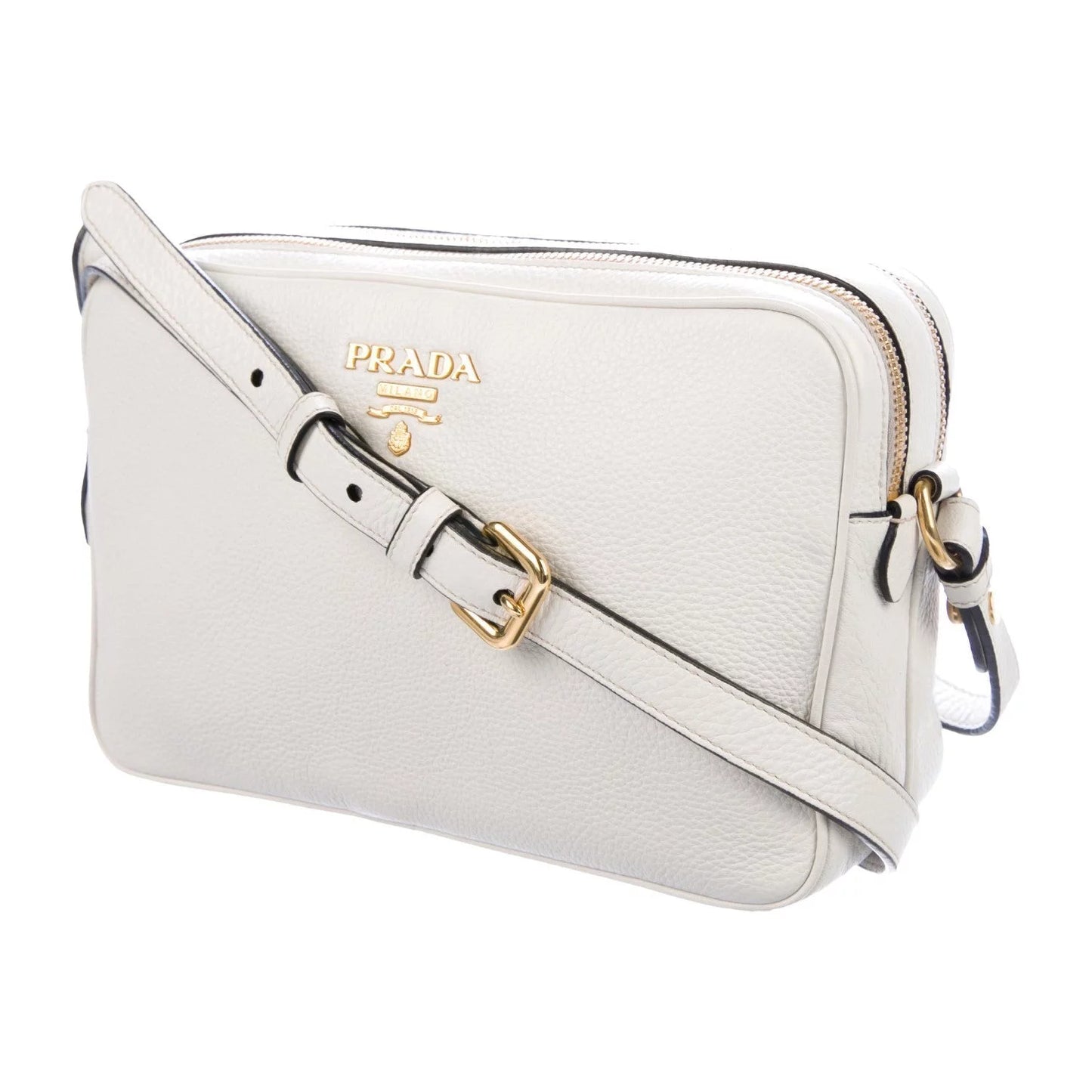 New  Vitello Phenix White Leather Double Zip Camera Crossbody 1BH079