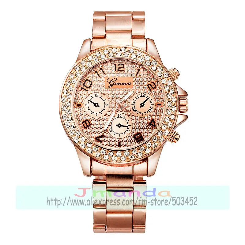 100Pcs/Lot Geneva Alloy Watch Luxury Gold Quartz Casual Watch Fashion Ladies Dress Wrist Watch Double Row Crystal Bling Watch