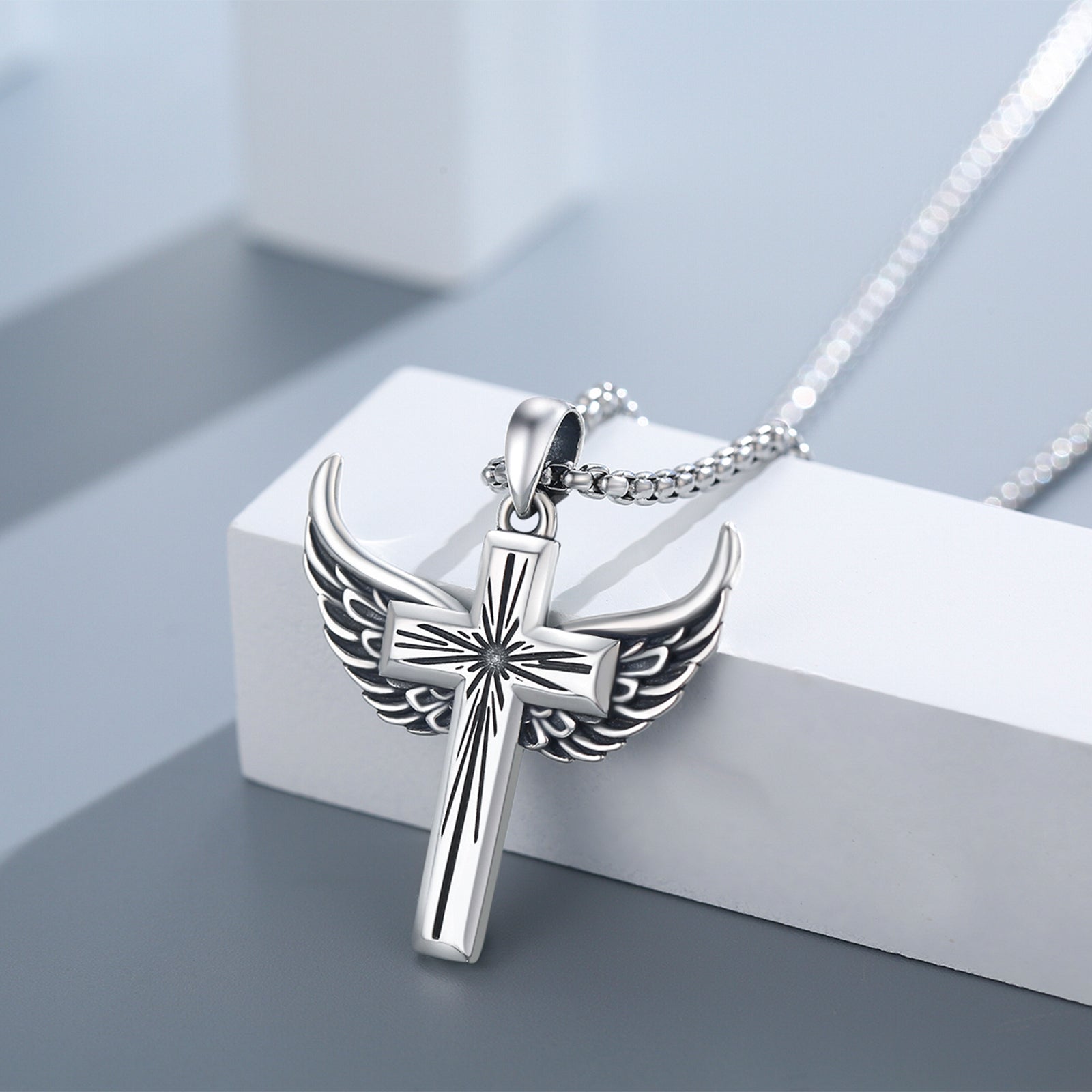 Men Cross Necklace Sterling Silver Man Pendant Necklaces Christian Faith Jewelry Birthday Xmas Gifts for Boys Dad Son